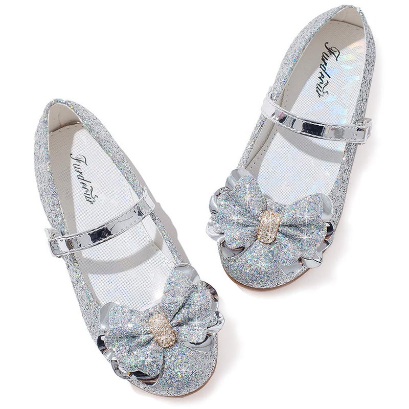 Furdeour Girls Flats Shoes Toddler Little Big Kid Wedding Party Silver with Low Heel Size 11(2501Silver 11) - Image 1